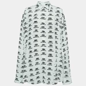Pre Owned Balenciaga White Logo Printed Viscose Oversized Shirt M