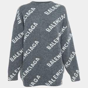 Balenciaga Grey Logo Intarsia Wool Knit Sweater S