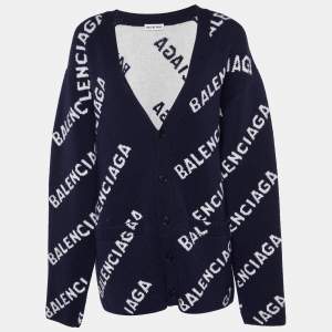 Balenciaga Navy Blue Logo Patterned Wool Buttoned Cardigan XS