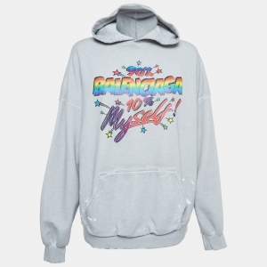 Balenciaga Grey Distressed Cotton Graphic Print Hoodie S
