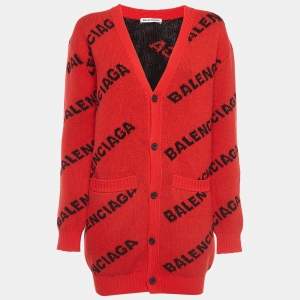 Balenciaga Red Logo Patterned Wool Knit Buttoned Cardigan XS