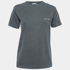 Pre Owned Balenciaga Grey Logo Print Washed Cotton Knit T-Shirt M