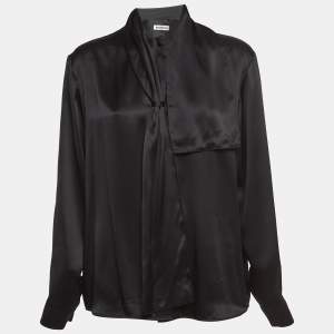 Balenciaga Black Satin Silk Tie-Up Neck Button Front Shirt S
