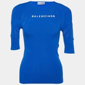 Balenciaga Blue Logo Print Jersey Athletic Top S