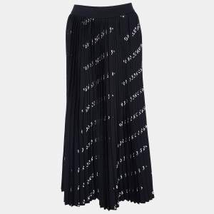 Balenciaga Black All-Over Logo Print Knit Pleated Midi Skirt M