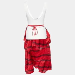 Balenciaga Red/Cream Silk & Knit Layered Midi Dress M