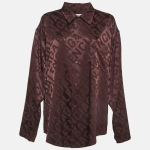 Balenciaga Burgundy Logo Jacquard Satin Oversized Shirt M