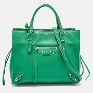 Pre Owned Balenciaga Green Leather Mini Papier A4 Tote