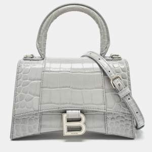 Balenciaga Grey Croc Embossed Leather XS Hourglass Top Handle Bag