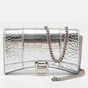 Pre Owned Balenciaga Silver Croc Embossed Patent Leather Hourglass Wallet on Chain