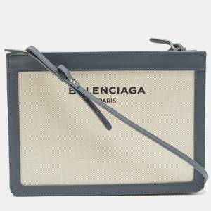 Pre Owned Balenciaga Blue/Off-White Canvas and Leather Navy Pochette Crossbody Bag