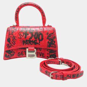 Balenciaga Red Leather Graffiti Hourglass XS Top Handle Bags