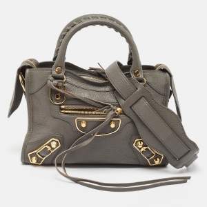 Pre Owned Balenciaga Grey Leather Mini Metallic Edge City Bag