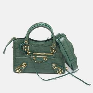  Balenciaga Green Croc Embossed Leather Mini Classic Metallic Edge City Bag