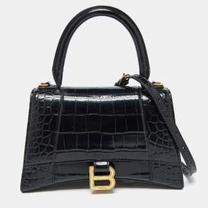 Balenciaga Black Croc Embossed Leather Small Hourglass Top Handle Bag