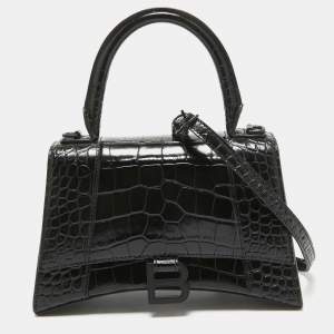 Balenciaga Black Croc Embossed Leather Small Hourglass Top Handle Bag