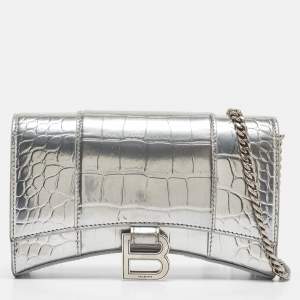 Pre Owned Balenciaga Silver Croc Embossed Leather Hourglass Wallet on Chain