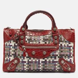 Balenciaga Red/Multicolor Woven Leather and Alligator GSH Work Bag