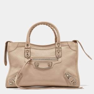 Pre Owned Balenciaga Beige Leather Small Metallic Edge Classic City Tote