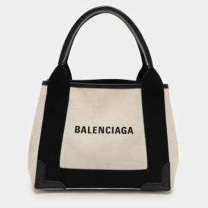 Balenciaga White/Black Canvas and Leather Cabas Tote