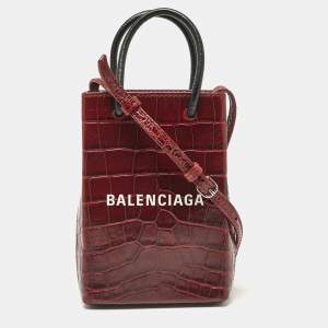 Pre Owned Balenciaga Burgundy Croc Embossed Leather Shopping Phone Holder Crossbody Bag