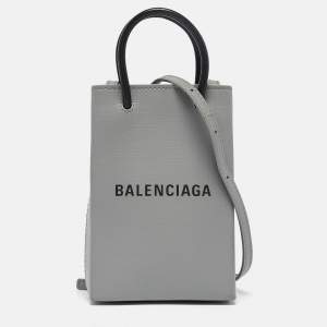 Pre Owned Balenciaga Grey/Black Leather Shopping Phone Holder Crossbody Bag