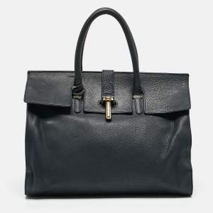 Balenciaga Navy Blue Leather Tube Clasp Top Handle Bag