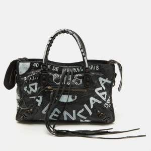 Balenciaga Black Leather Graffiti Print Classic Small City RH Tote