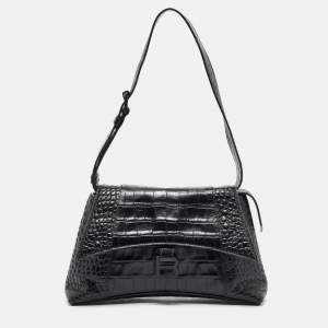 Pre Owned Balenciaga Black Croc Embossed Leather Small Soft Hourglass Shoulder Bag