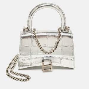 Pre Owned Balenciaga Silver Patent Leather Nano Hourglass Top Handle Bag