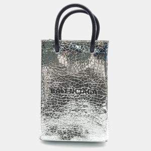 Balenciaga Silver Leather Shopping Phone Holder Bag