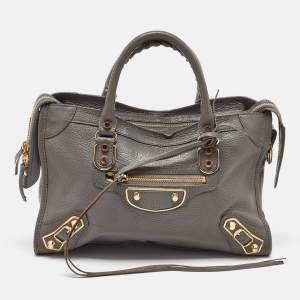 Pre Owned Balenciaga Grey Leather Small Metallic Edge Classic City Tote