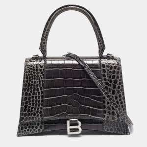 Pre Owned Balenciaga Black Croc Embossed Leather Medium Hourglass Top Handle Bag