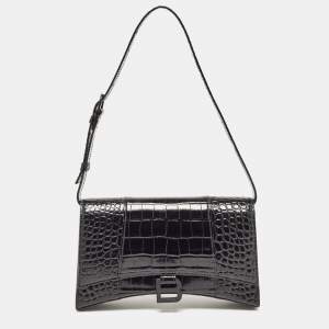 Balenciaga Black Croc Embossed Leather Hourglass Sling Shoulder Bag