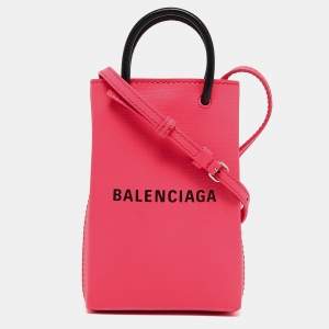 Pre Owned Balenciaga Pink/Black Leather Shopping Phone Holder Crossbody Bag