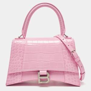 Balenciaga Pink Croc Embossed Leather Small Hourglass Top Handle Bag
