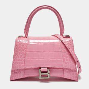 Pre Owned Balenciaga Pink Croc Embossed Leather Small Hourglass Top Handle Bag