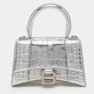 Balenciaga Silver Croc Embossed Leather Hourglass Top Handle Bag