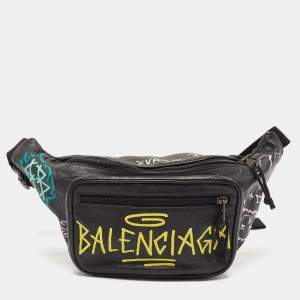 Balenciaga Black Graffiti Print Leather Logo Belt Bag