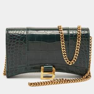 Balenciaga Green Croc Embossed Leather Hourglass Wallet on Chain