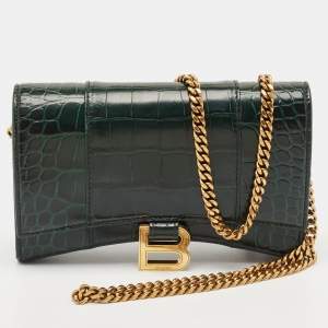 Balenciaga Green Croc Embossed Leather Hourglass Wallet on Chain