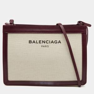 Balenciaga Off-White/Burgundy Canvas and Leather Navy Pochette Crossbody Bag