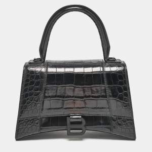 Balenciaga Black Croc Embossed Leather Small Hourglass Top Handle Bag