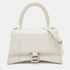 Balenciaga White Croc Embossed Leather Small Hourglass Top Handle Bag