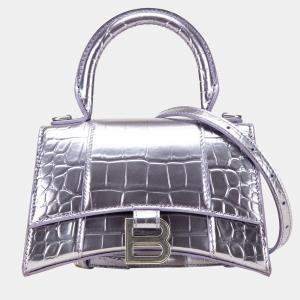 Balenciaga Silver Metallic Calfskin Croc Embossed Hourglass XS Satchel