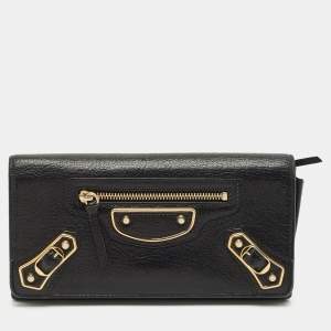 Balenciaga Black Leather Classic Metallic Edge Continental Wallet