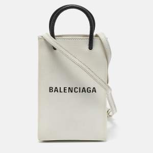 Balenciaga White/Black Leather Shopping Phone Holder Crossbody Bag 