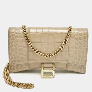 Balenciaga Beige Croc Embossed Leather XS Hourglass Wallet on Chain