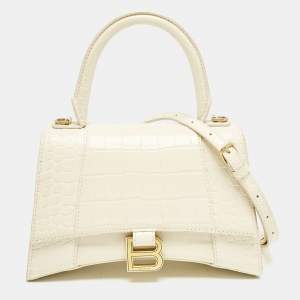 Balenciaga Cream Croc Embossed Leather Small Hourglass Top Handle Bag
