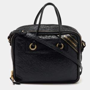 Balenciaga Black Crackle Leather Small Blanket Square Bag